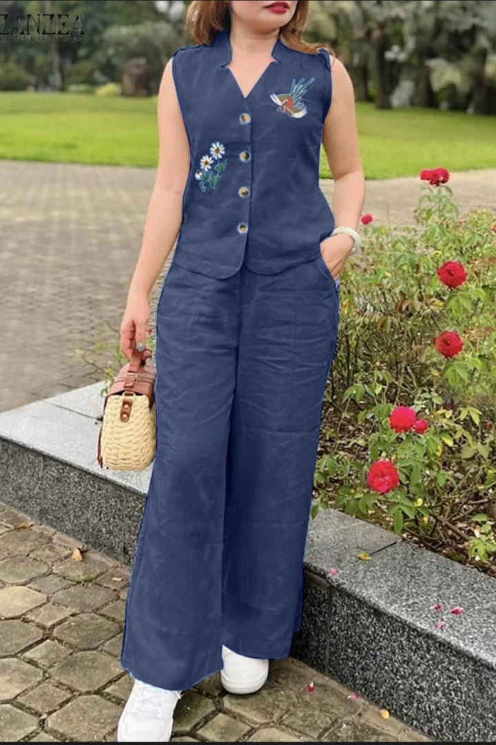 Dark Blue Flower Embroidered Cotton Co-Ord Set For Women