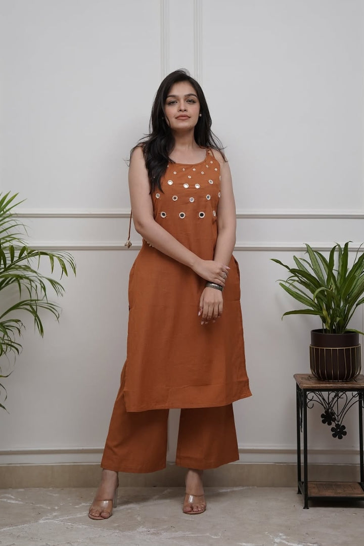 Real Mirror Work With Dori Embroidered Orange Cotton Co-Ord Set For Women