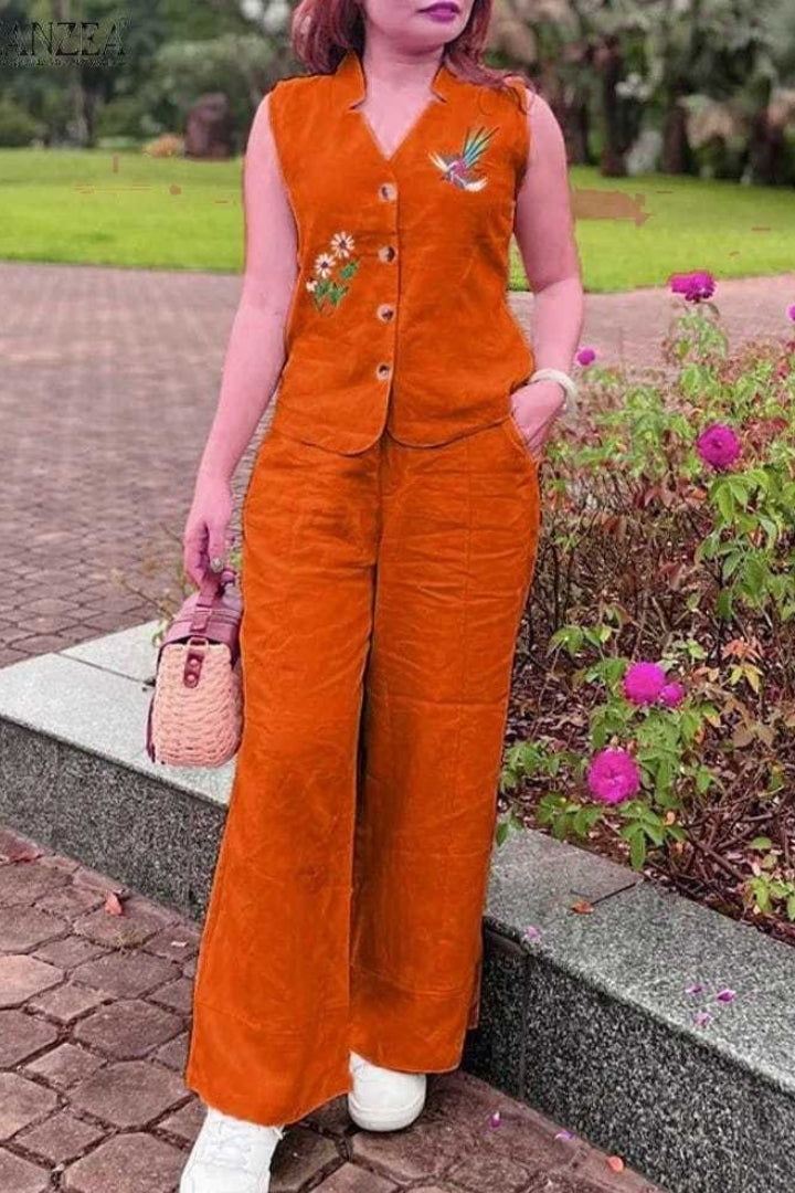 Pink Flower Embroidered Cotton Co-Ord Set For Women