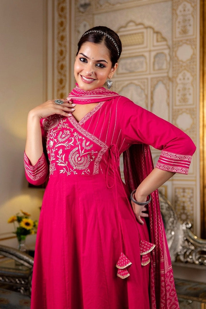 Premium Color Embroidered Cotton Pink Kurta Set For Women