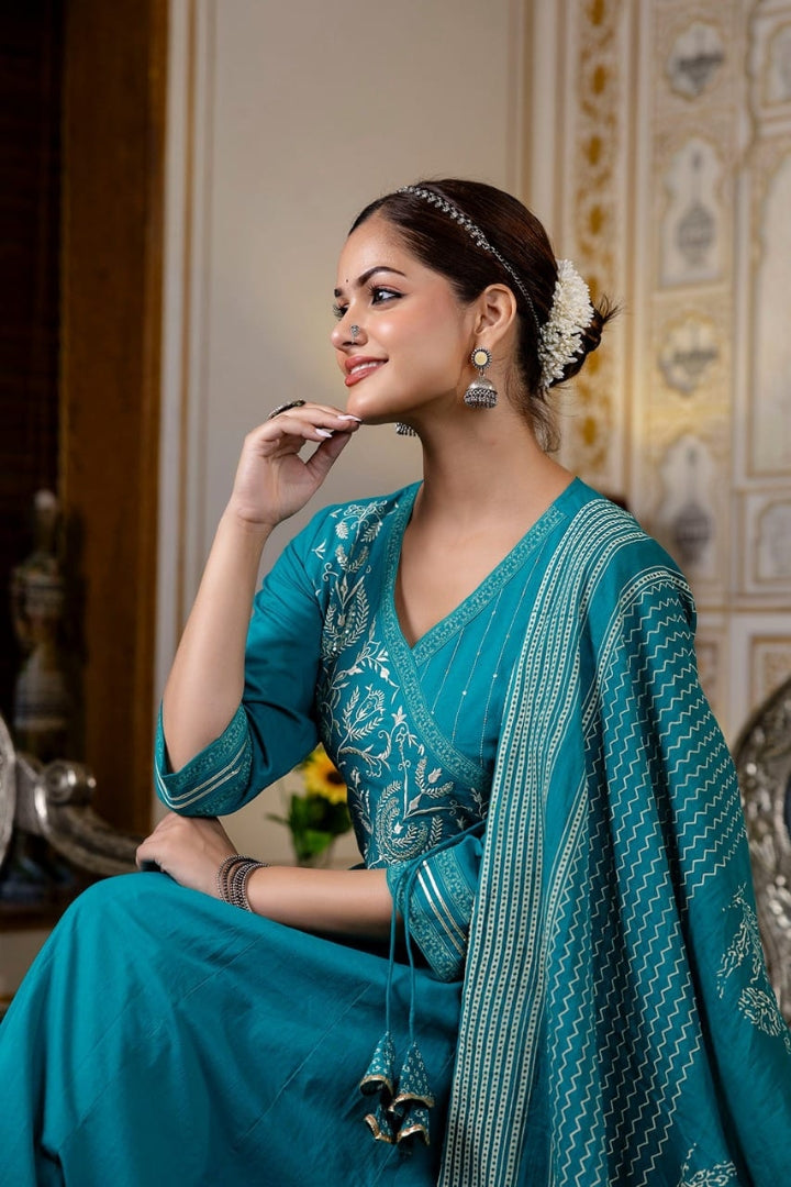 Premium Color Floral Embroidery Cotton Blue Kurta Set For Women