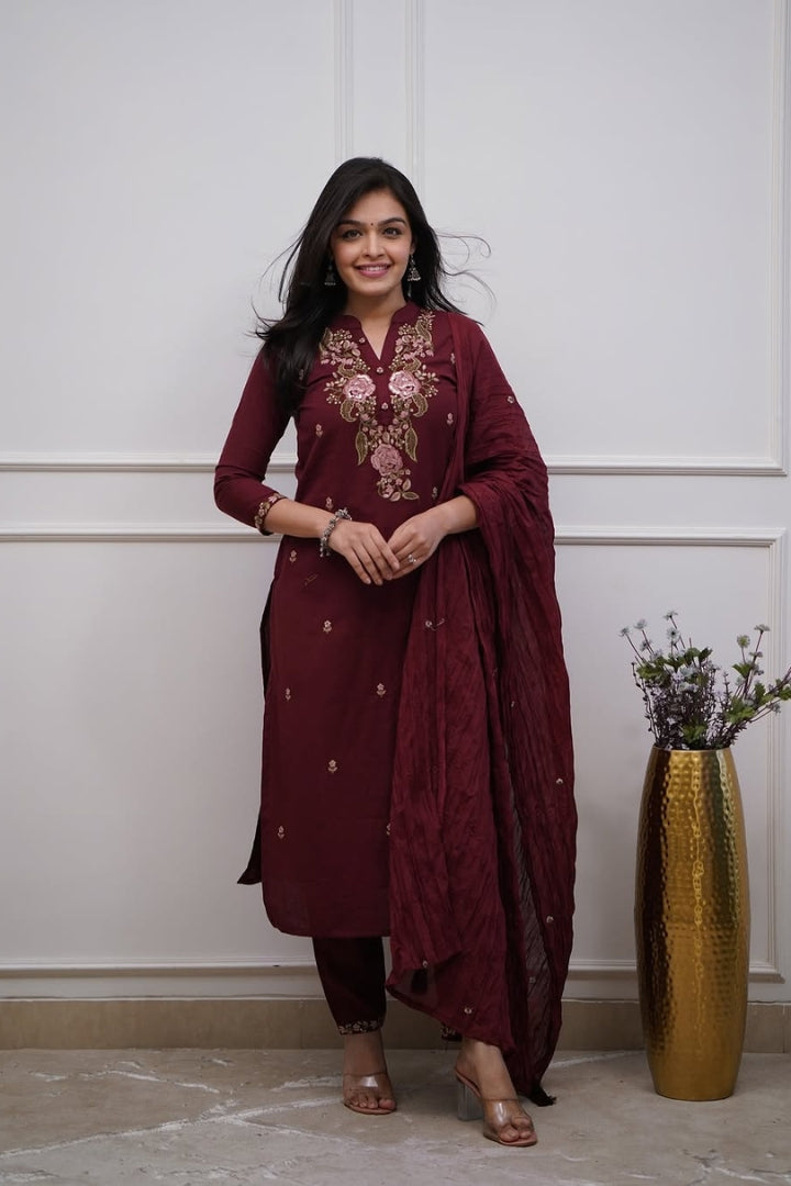 Cotton Embroidered Flower Print Straight Kurta Set for Women