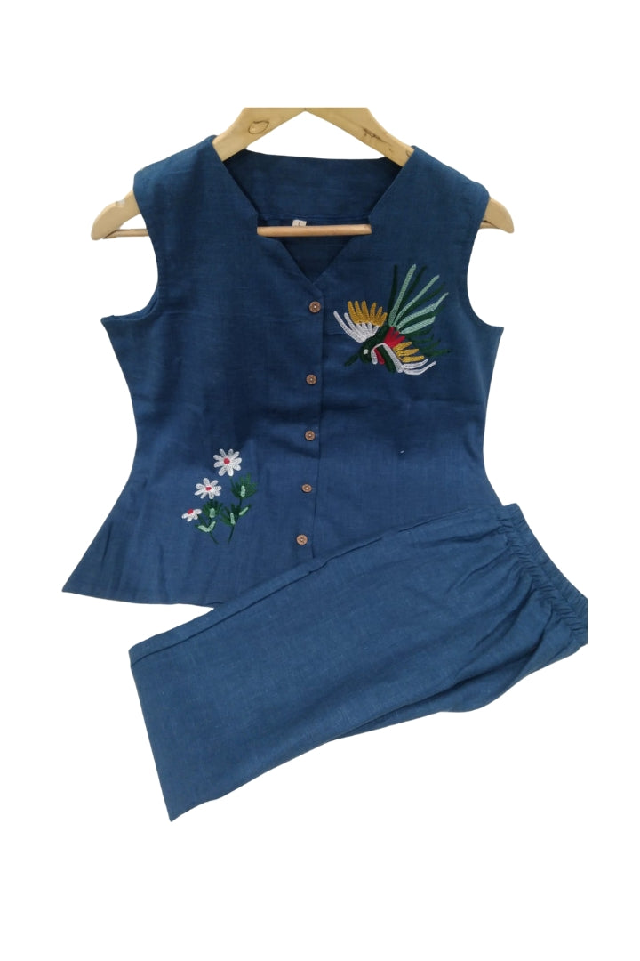 Dark Blue Flower Embroidered Cotton Co-Ord Set For Women