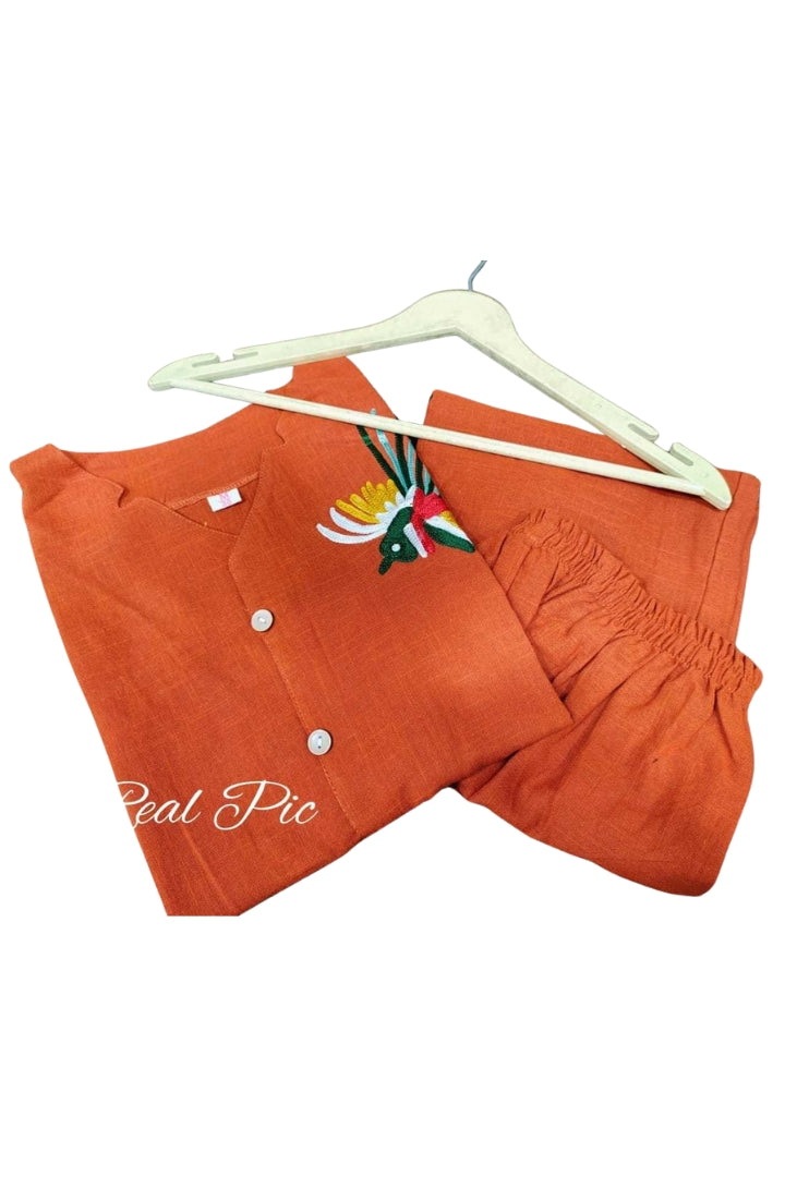 Red Flower Embroidered Cotton Co-Ord Set For Women
