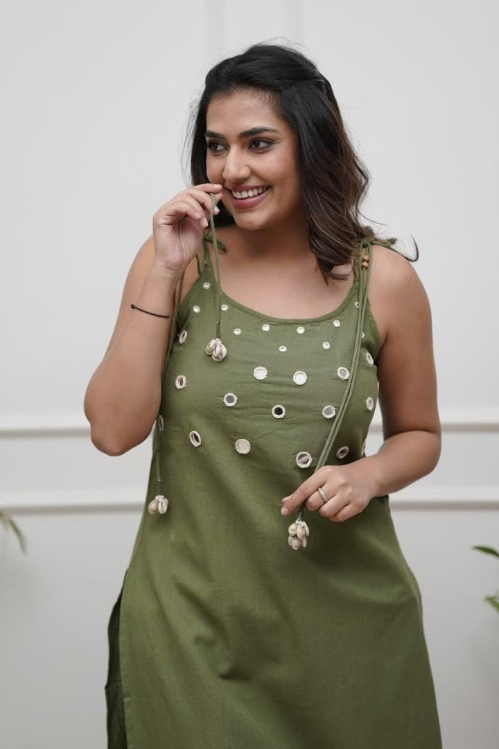 Real Mirror Work With Dori Embroidered Cotton Green Co-Ord Set For Women