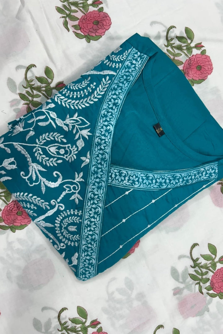 Premium Color Floral Embroidery Cotton Blue Kurta Set For Women
