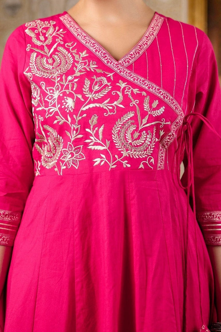 Premium Color Embroidered Cotton Pink Kurta Set For Women