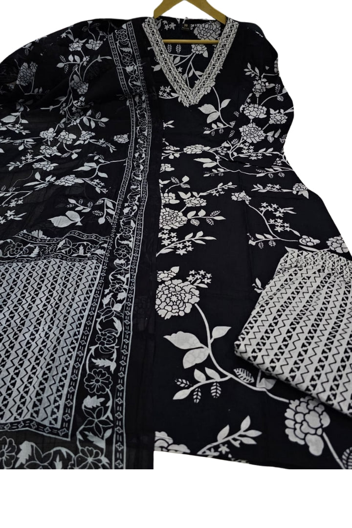 Royal Black Flower Printed Cotton Straight Kurta Set for Women