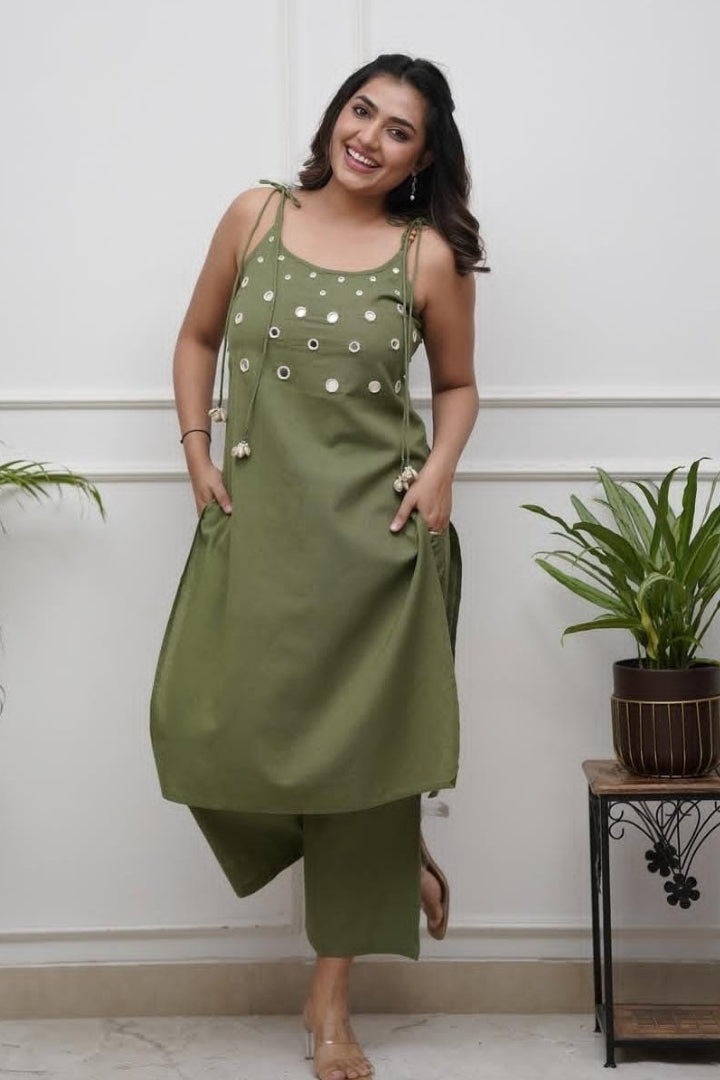 Real Mirror Work With Dori Embroidered Cotton Green Co-Ord Set For Women