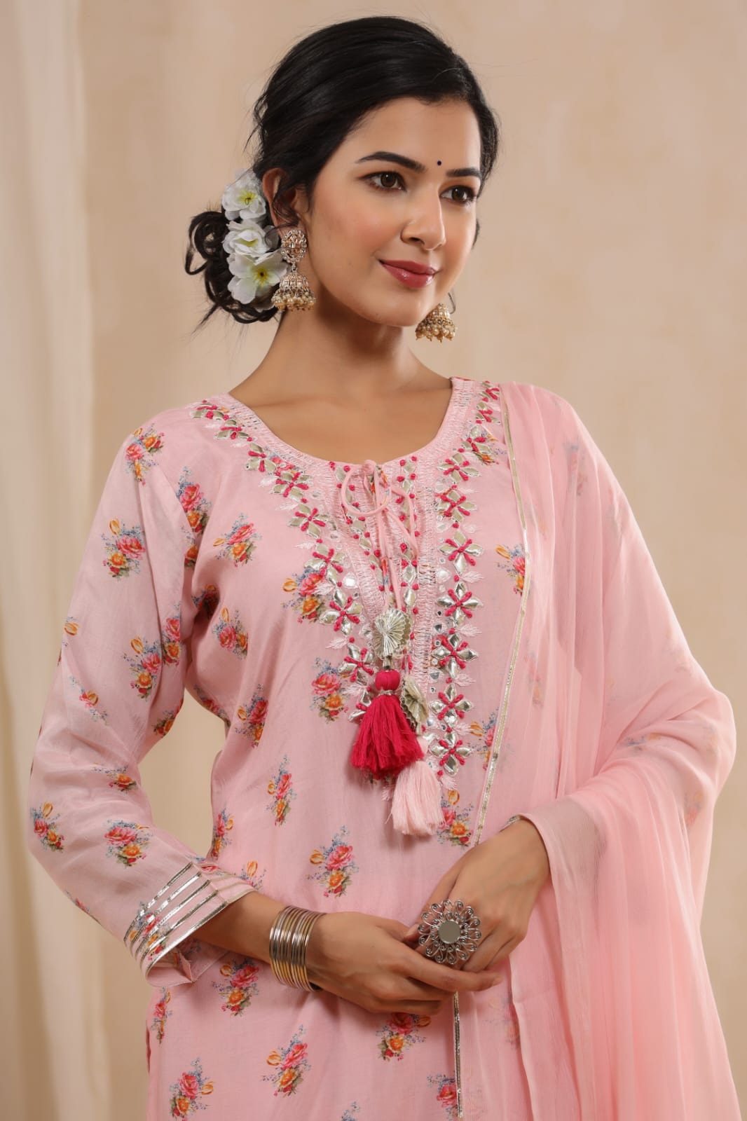 Cotton Embroidered Flower Print Straight Kurta Set for Women