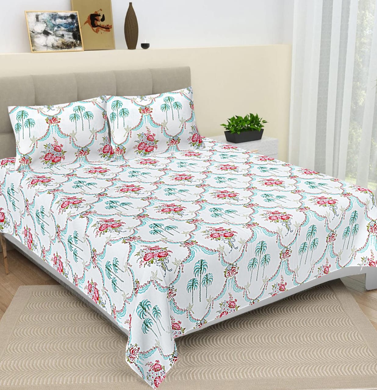 Cotton Bedsheet 108x108 Size Printed Double Bed Bedsheet King Size Bedsheet with 2 Pillow Covers