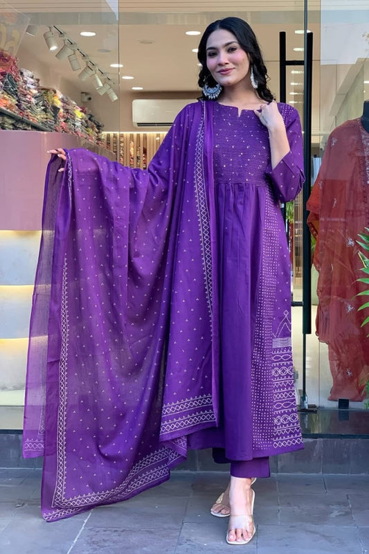 Cotton Purple Straight Kurta Set for Women