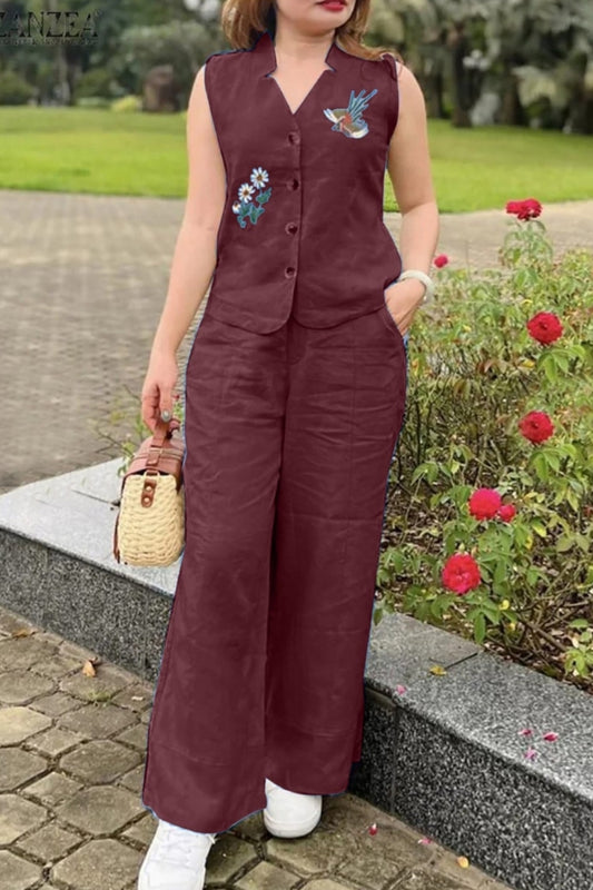 Maroon Flower Embroidered Cotton Co-Ord Set For Women