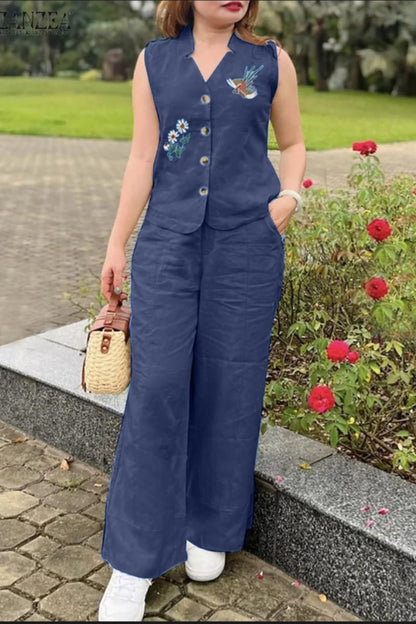 Dark Blue Flower Embroidered Cotton Co-Ord Set For Women
