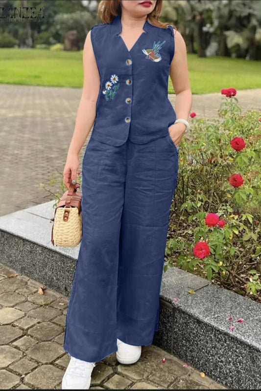 Dark Blue Flower Embroidered Cotton Co-Ord Set For Women