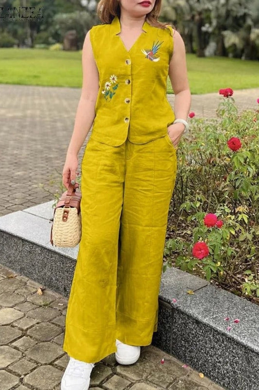 Yellow Flower Embroidered Cotton Co-Ord Set For Women