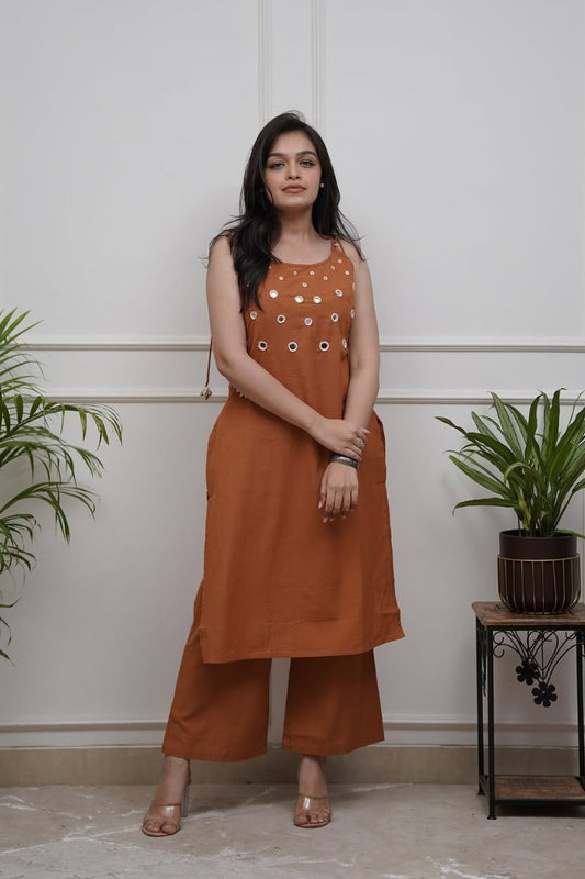 Real Mirror Work With Dori Embroidered Orange Cotton Co-Ord Set For Women