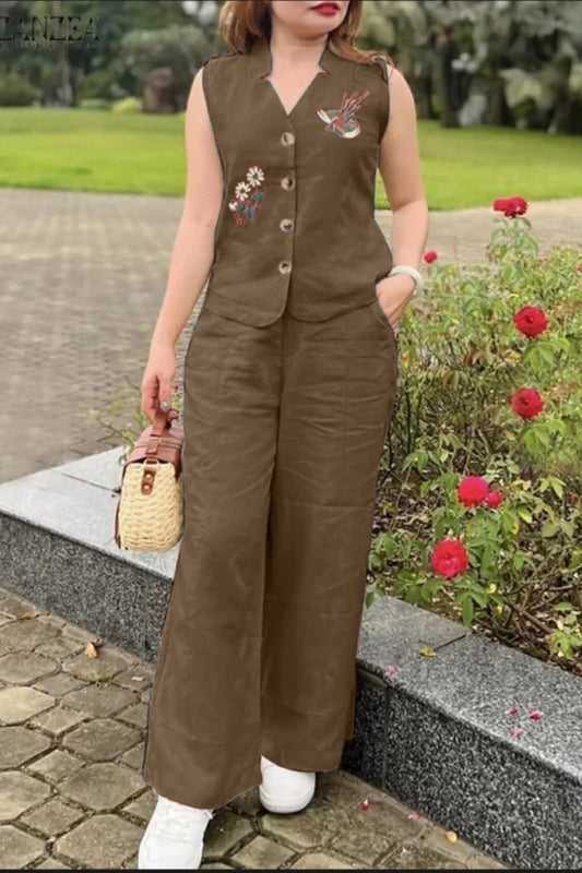 Dark Brown Flower Embroidered Cotton Co-Ord Set
