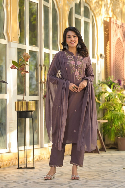 Brown Cotton Embroidered Straight Kurta Set for Women