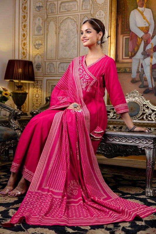 Premium Color Embroidered Cotton Pink Kurta Set For Women