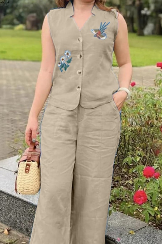 Gray Flower Embroidered Cotton Co-Ord Set For Women