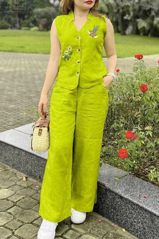 Green Flower Embroidered Cotton Co-Ord Set For Women