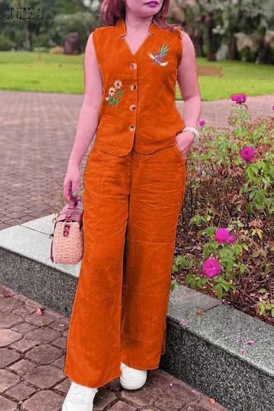 Pink Flower Embroidered Cotton Co-Ord Set For Women