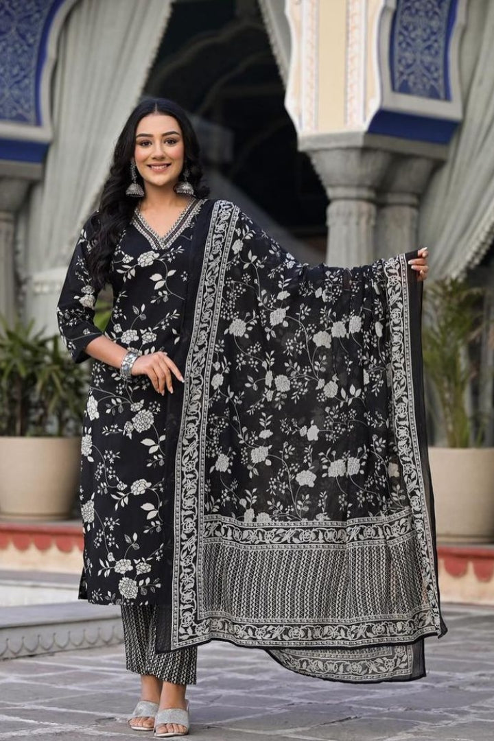 Royal Black Flower Printed Cotton Straight Kurta Set for Women