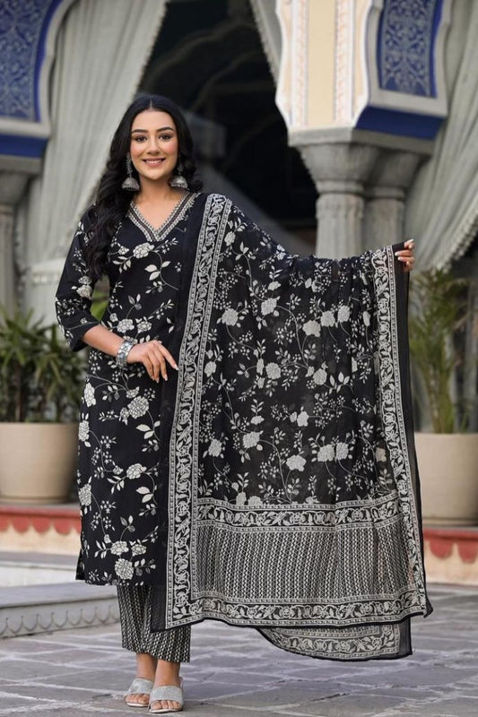 Royal Black Flower Printed Cotton Straight Kurta Set for Women