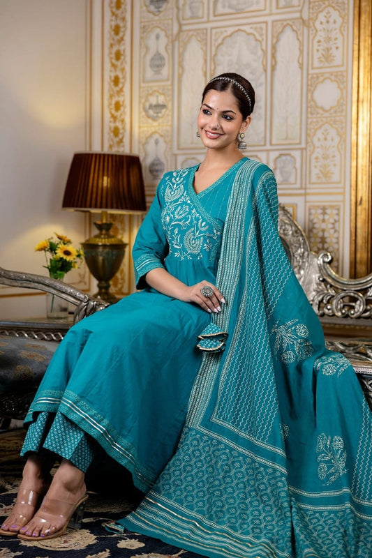 Premium Color Floral Embroidery Cotton Blue Kurta Set For Women