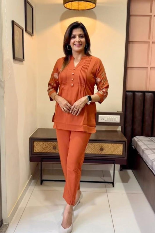 Orange Flower Embroidered Cotton Co-Ord Set For Women