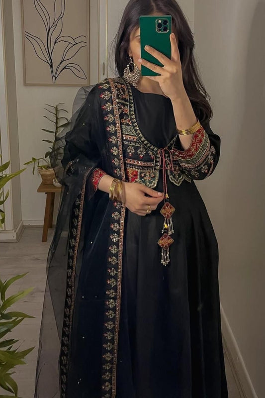 Cotton Embroidered Black Straight Kurta Set for Women