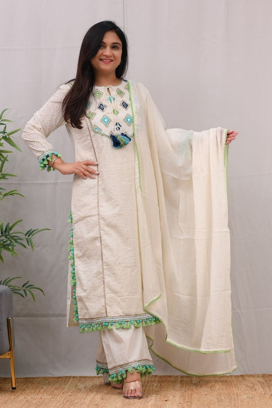 White Cotton Embroidered Straight Kurta Set for Women