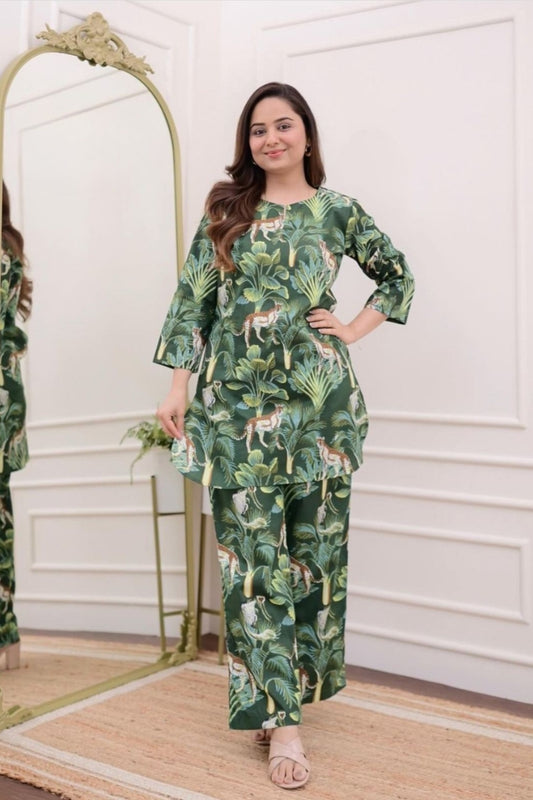 Green Floral Pattern Cotton Co-Ord Set For Women