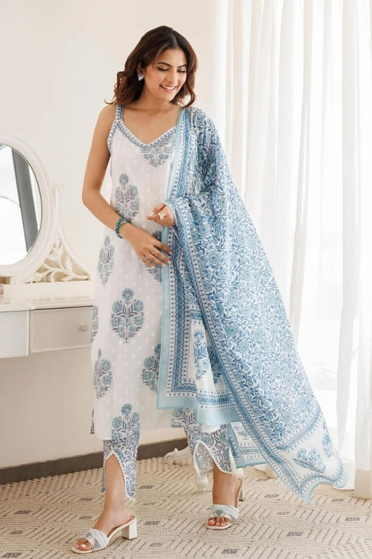 White Cotton Sleeveless Straight Printed Kurta Set for Women
