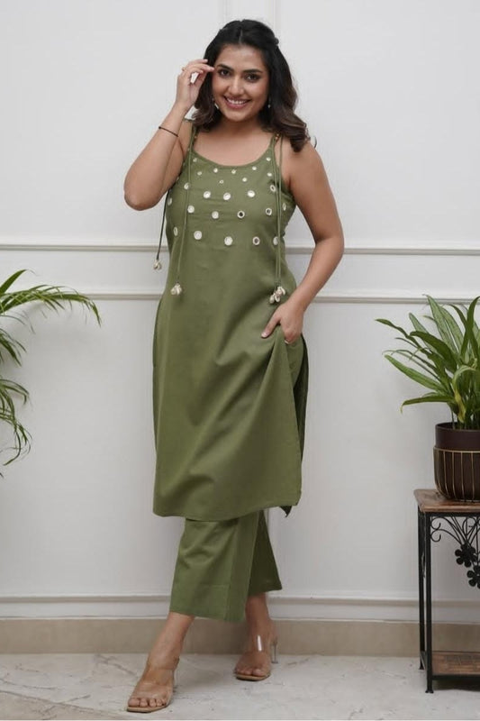 Real Mirror Work With Dori Embroidered Cotton Green Co-Ord Set For Women