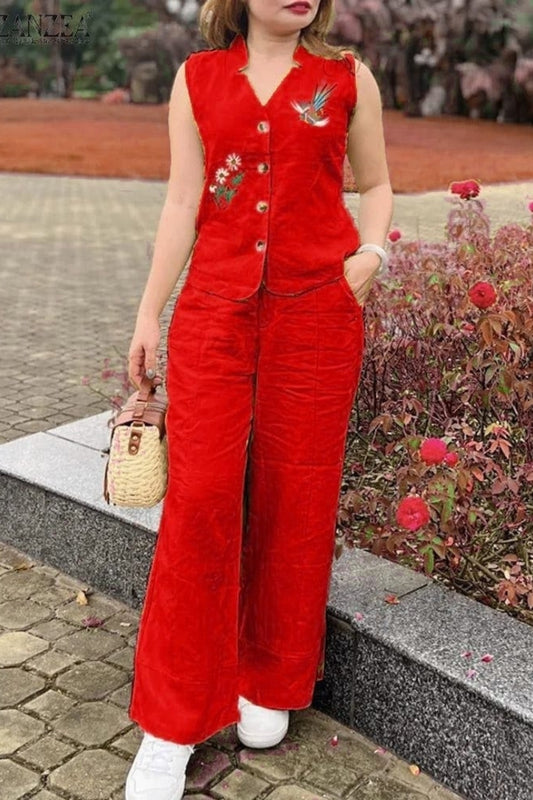 Red Flower Embroidered Cotton Co-Ord Set For Women