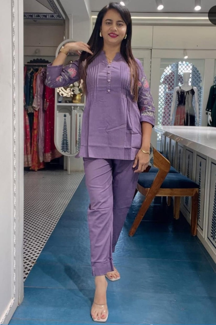 Purple Flower Embroidered Cotton Co-Ord Set For Women