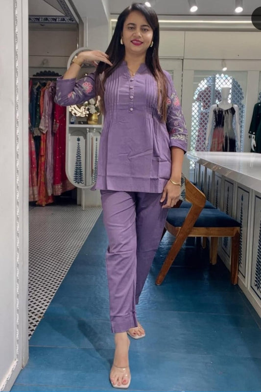 Purple Flower Embroidered Cotton Co-Ord Set For Women