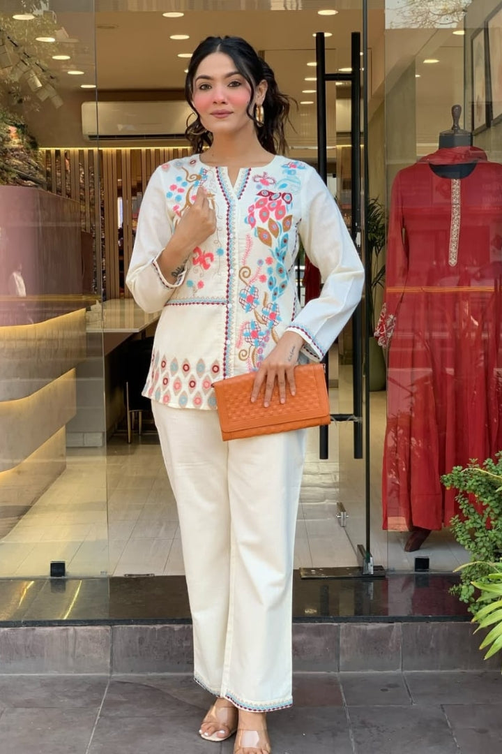 Unique Floral Embroidered Cotton White Co-Ord Set For Women