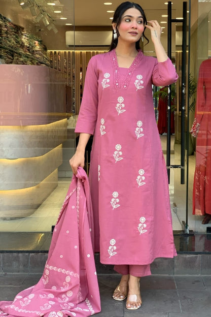 Cotton Flower Printed Straight Kurta Set for Women