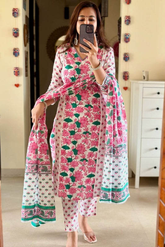 Cotton Printed Straight Kurta Set for Women