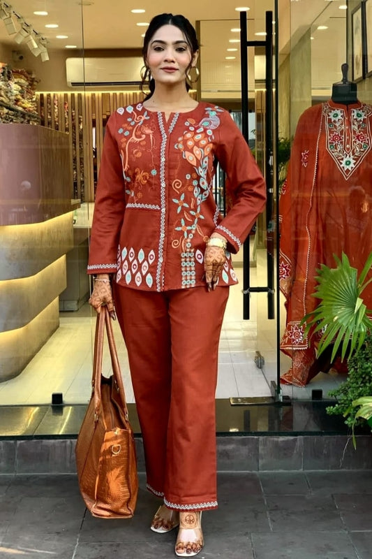 Unique Floral Embroidered Cotton Brown Co-Ord Set For Women