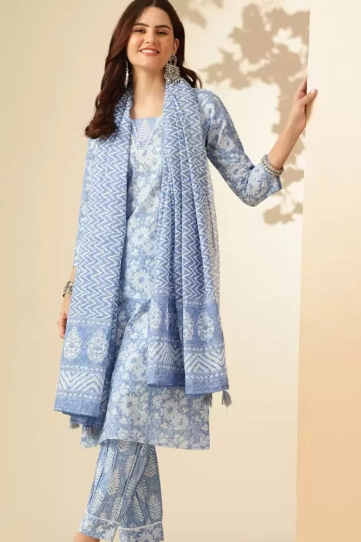 Blue Flower Printed Cotton Straight Kurta Set for Women