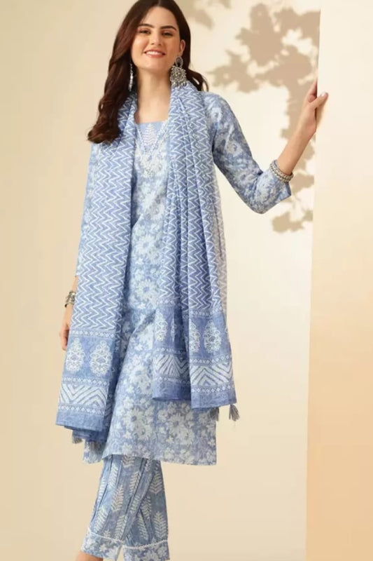 Blue Flower Printed Cotton Straight Kurta Set for Women