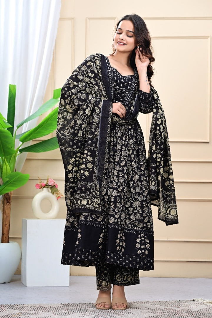 Unique Mirror Work Printed Black Kurta Set For Women
