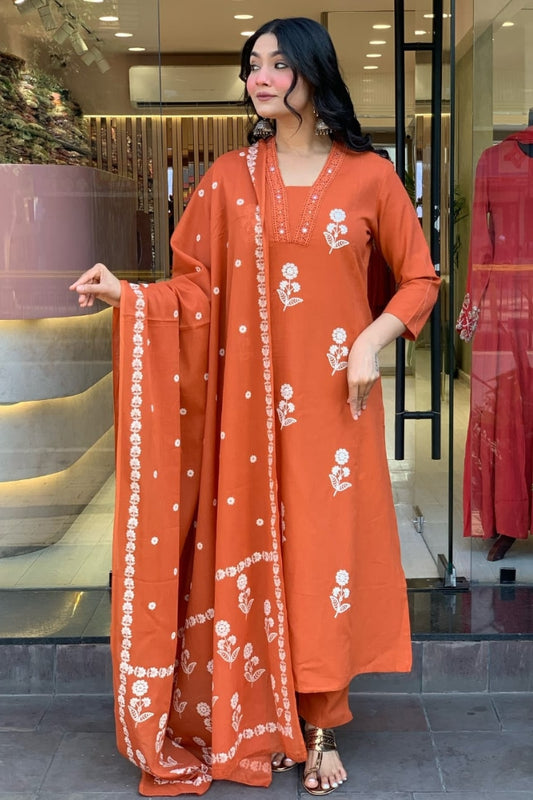 Cotton Flower Printed Straight Kurta Set for Women