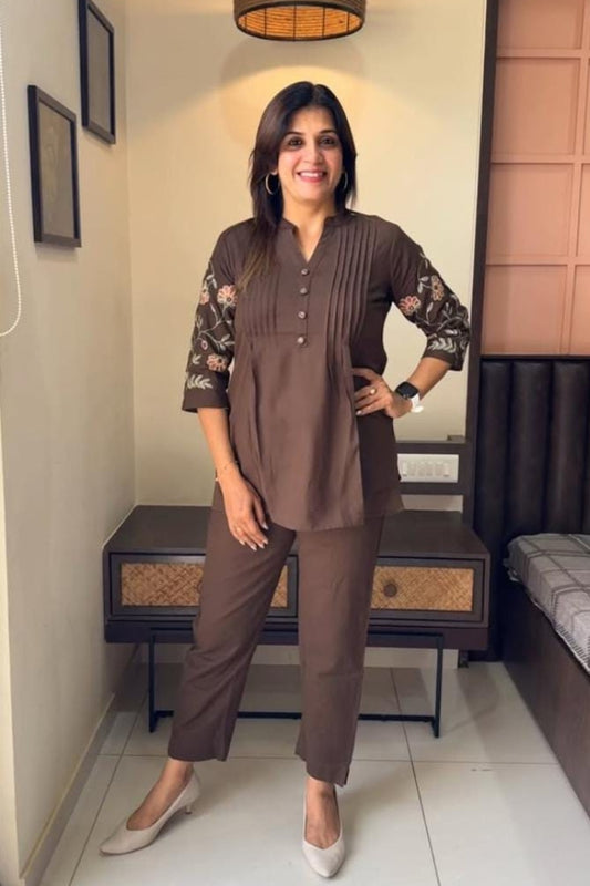 Brown Flower Embroidered Cotton Co-Ord Set For Women