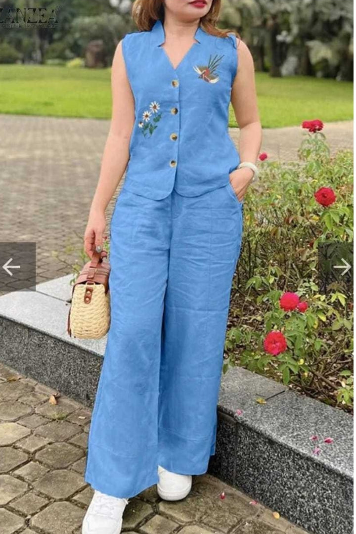 Blue Flower Embroidered Cotton Co-Ord Set For Women