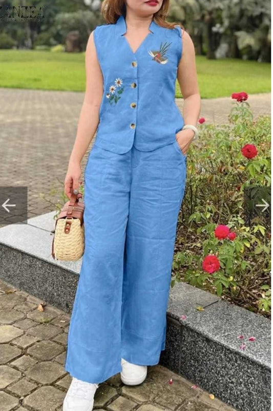 Blue Flower Embroidered Cotton Co-Ord Set For Women